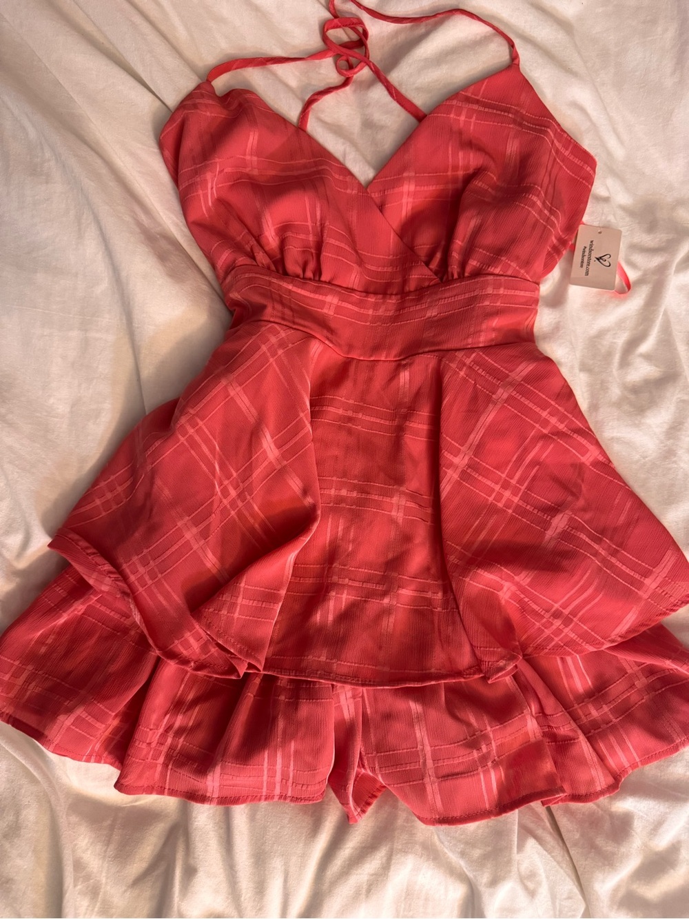 Windsor Coral Halter Romper with Ribbon Detail